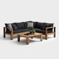 Salon de jardin d'angle 3 places avec table basse noir et acacia massif 220 x 220 cm
