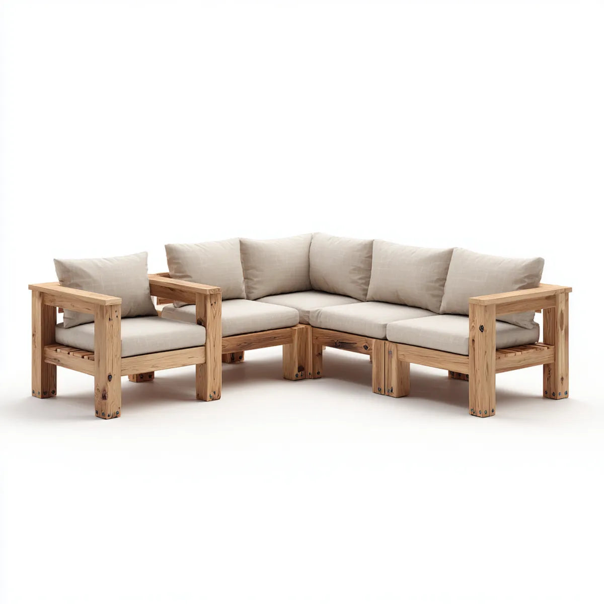 Salon de jardin d'angle 5 places beige en pin massif 210 x 210 x 75 cm