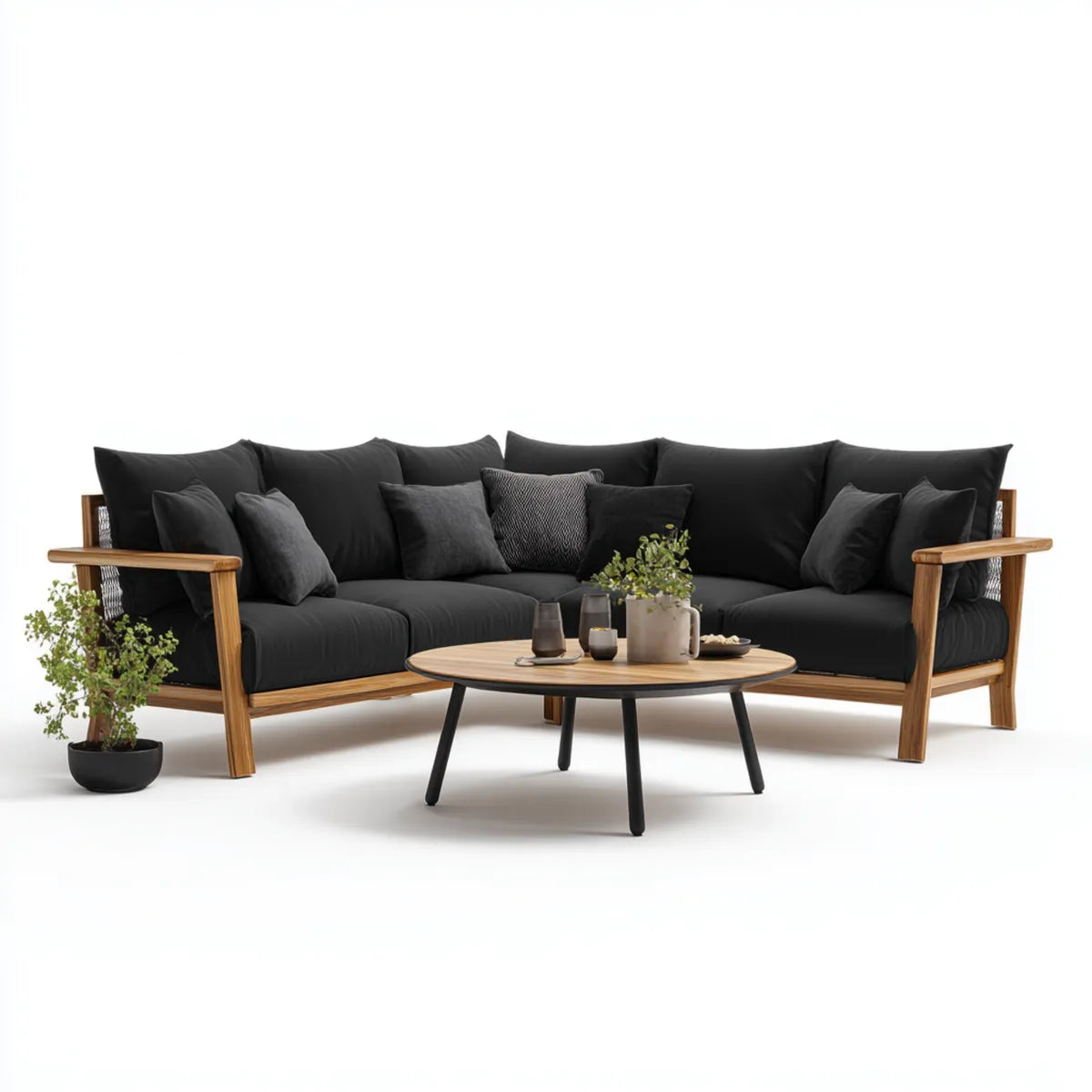 Salon de jardin d’angle 4 places noir en acacia massif avec table ronde 252 x 170 x 78 cm Ø 90 x 42 cm