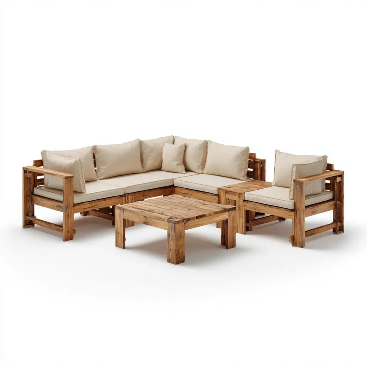 Salon de jardin d’angle 4 places avec table basse et fauteuil beige en bois massif d’acacia 220 x 220 cm