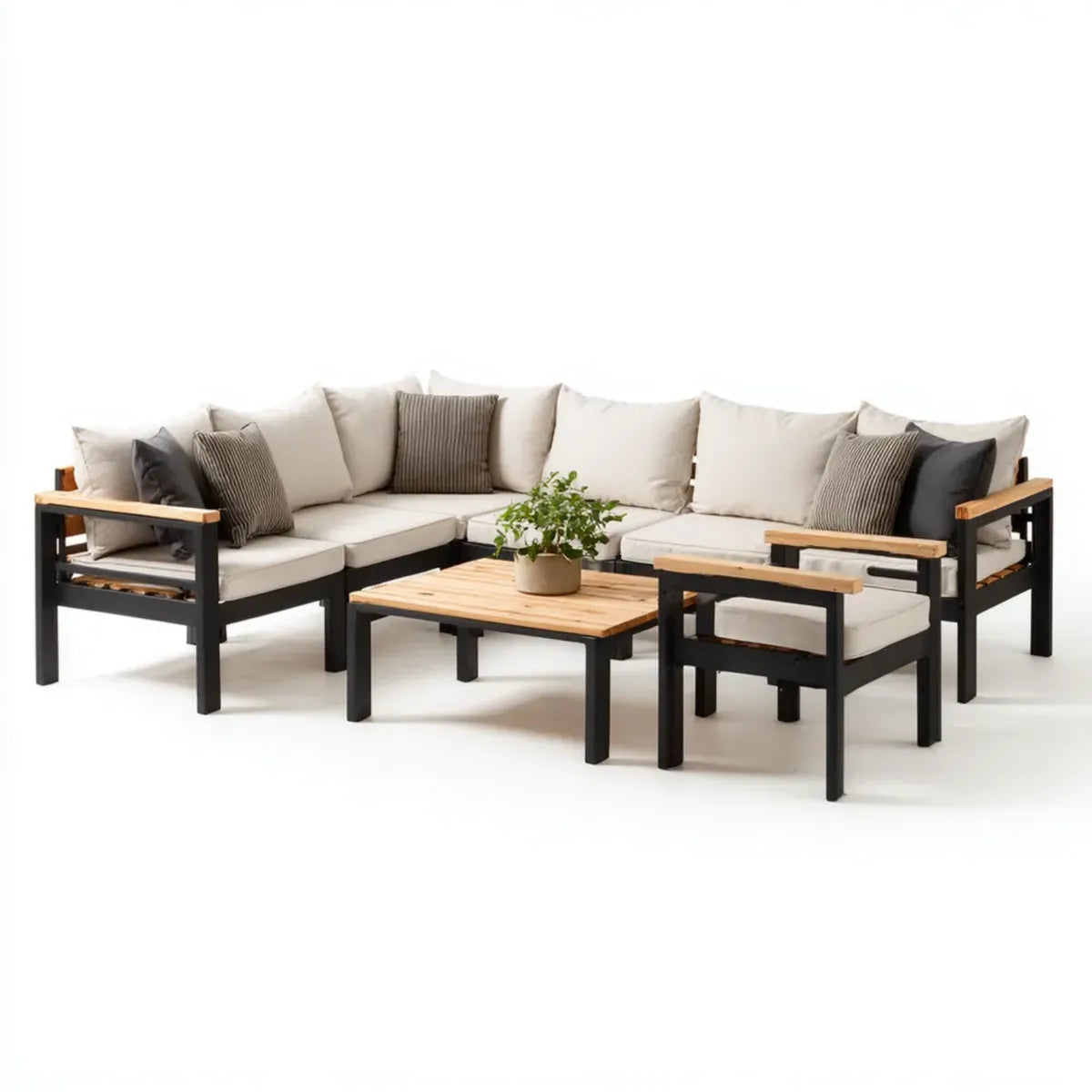 Salon de jardin d'angle 5 places beige et noir en acier thermolaqué bois d'acacia et polyester 250 x 250 cm
