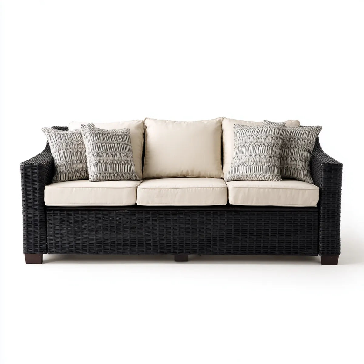 Canapé de jardin 3 places droit noir et beige 210 x 85 x 85 cm en résine tressée PE avec coussins en polyester