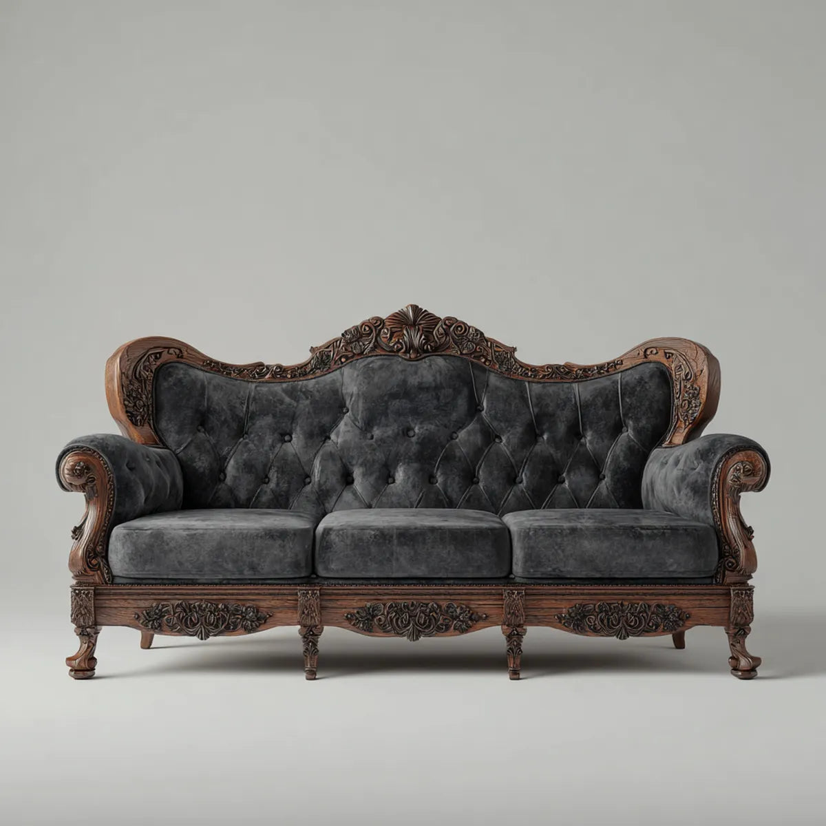 Canapé 3 places capitonné gris anthracite en velours polyester avec structure en bois massif sculpté 225 x 95 x 110 cm