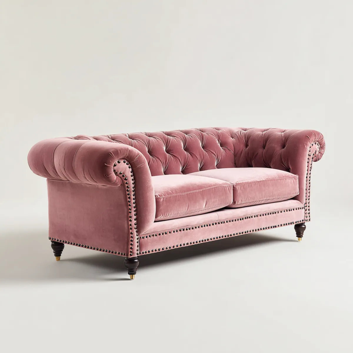 Canapé 3 places Chesterfield rose en velours de polyester forme droite 220 x 90 x 76 cm