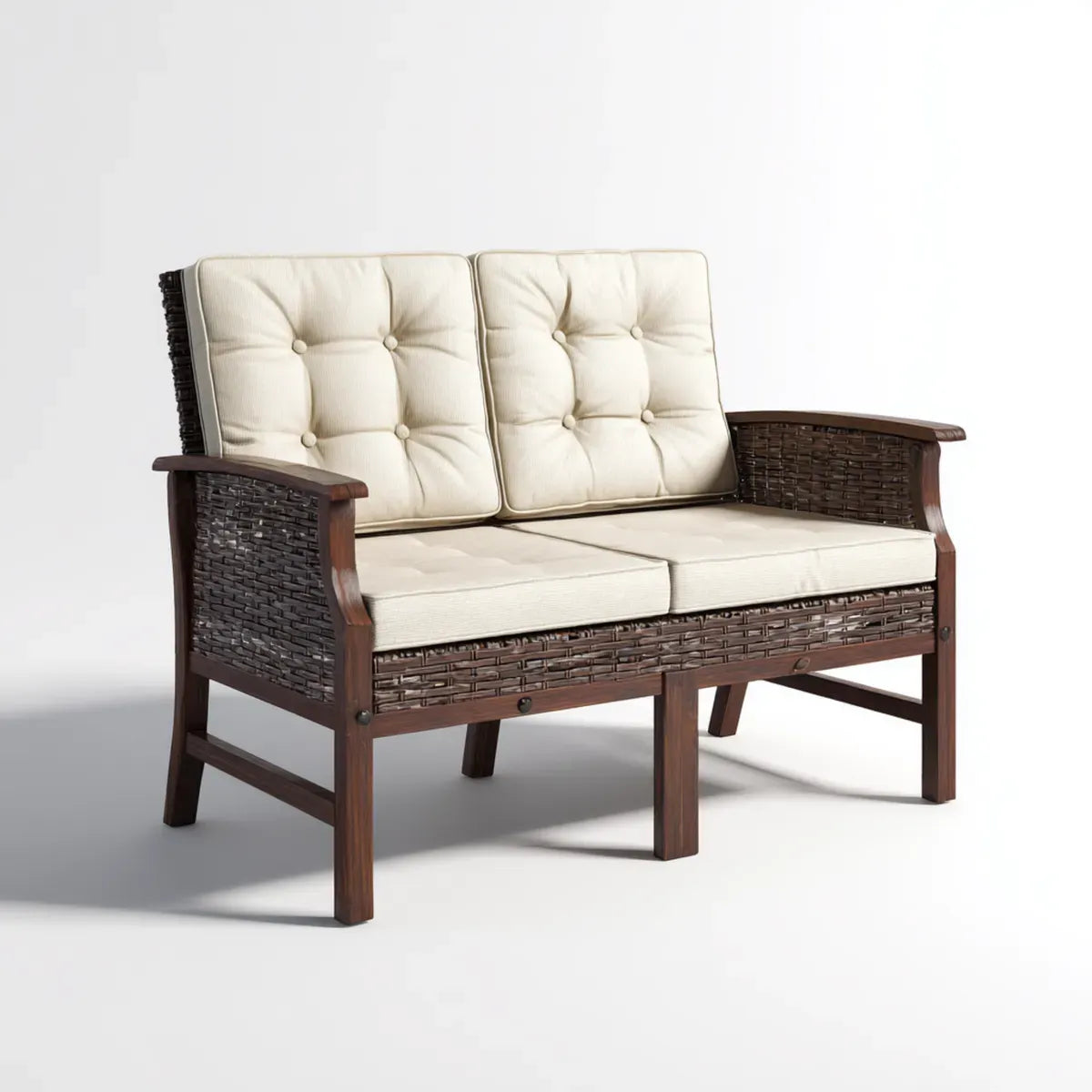 Canapé de jardin 2 places marron foncé et crème en bois d'acacia massif et résine tressée 122 x 68 x 88 cm