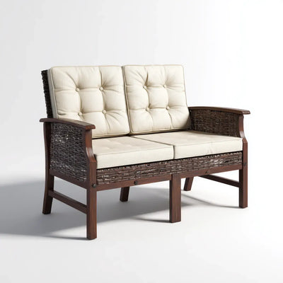 Canapé de jardin 2 places marron foncé et crème en bois d'acacia massif et résine tressée 122 x 68 x 88 cm