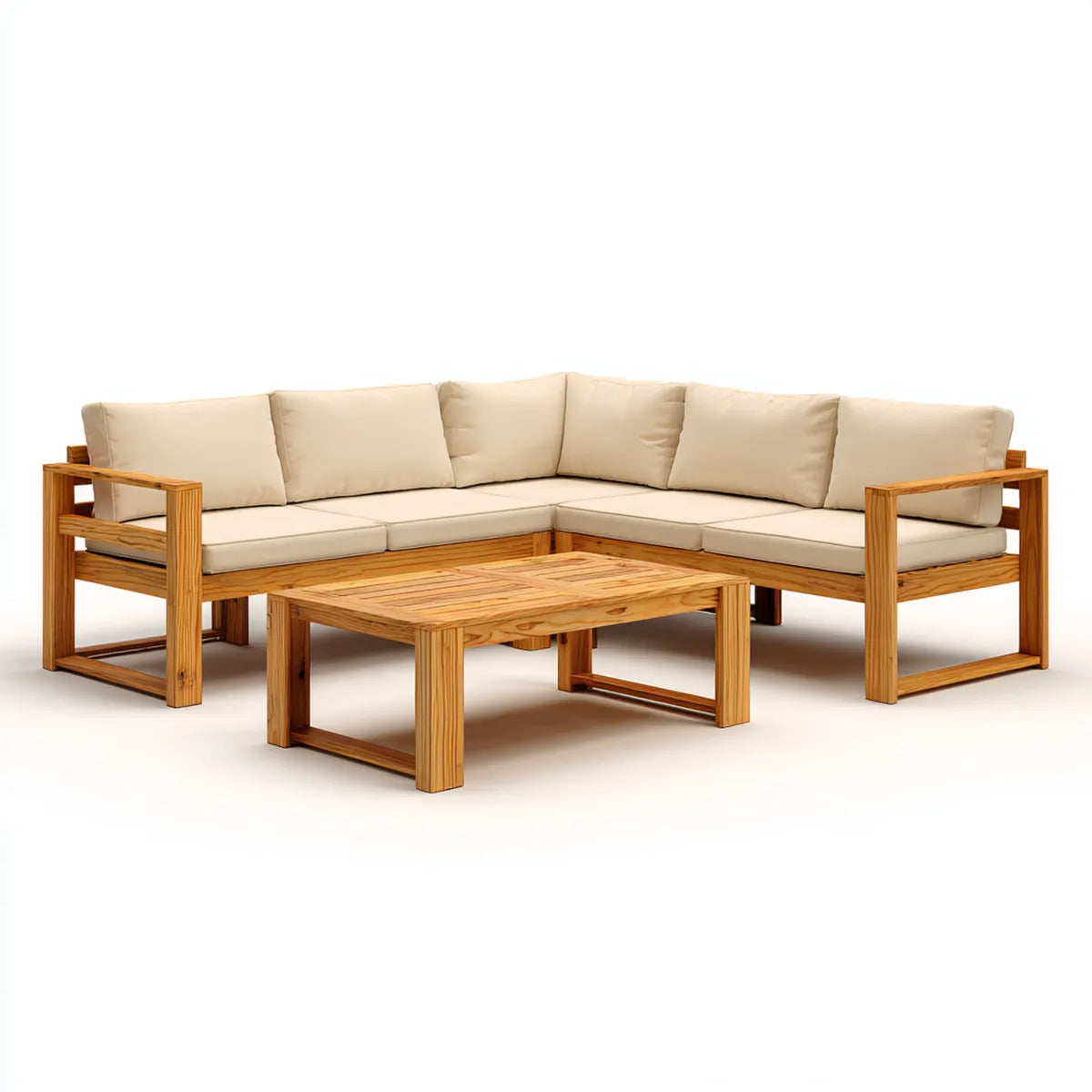 Salon de jardin d’angle 5 places beige en acacia massif avec table basse rectangulaire 238 x 238 cm