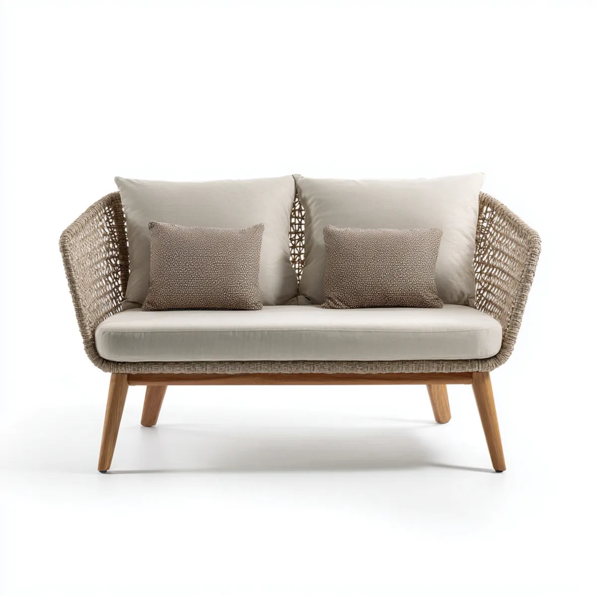 Canapé de jardin 2 places beige 150 x 75 x 80 cm en corde de polypropylène et bois d'eucalyptus forme arrondie