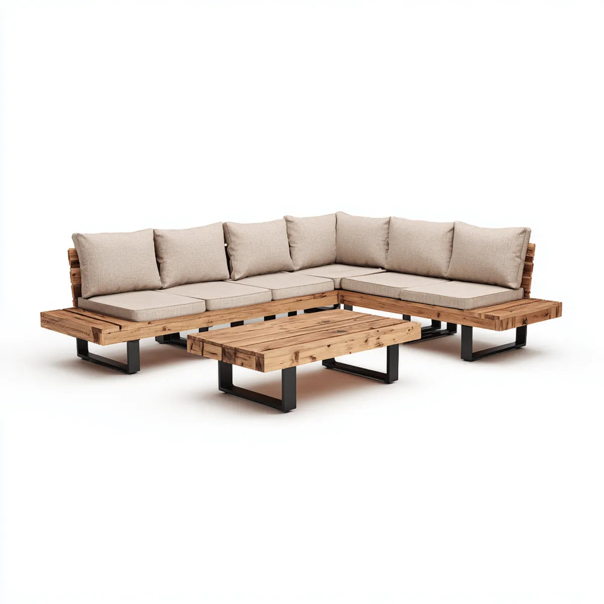 Salon de jardin d’angle 6 places beige en bois massif d’acacia et acier 240 x 180 cm avec table basse rectangulaire