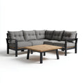 Salon de jardin d’angle 5 places gris anthracite en aluminium et acacia avec table basse 245 x 245 x 70 cm et 100 x 60 x 45 cm
