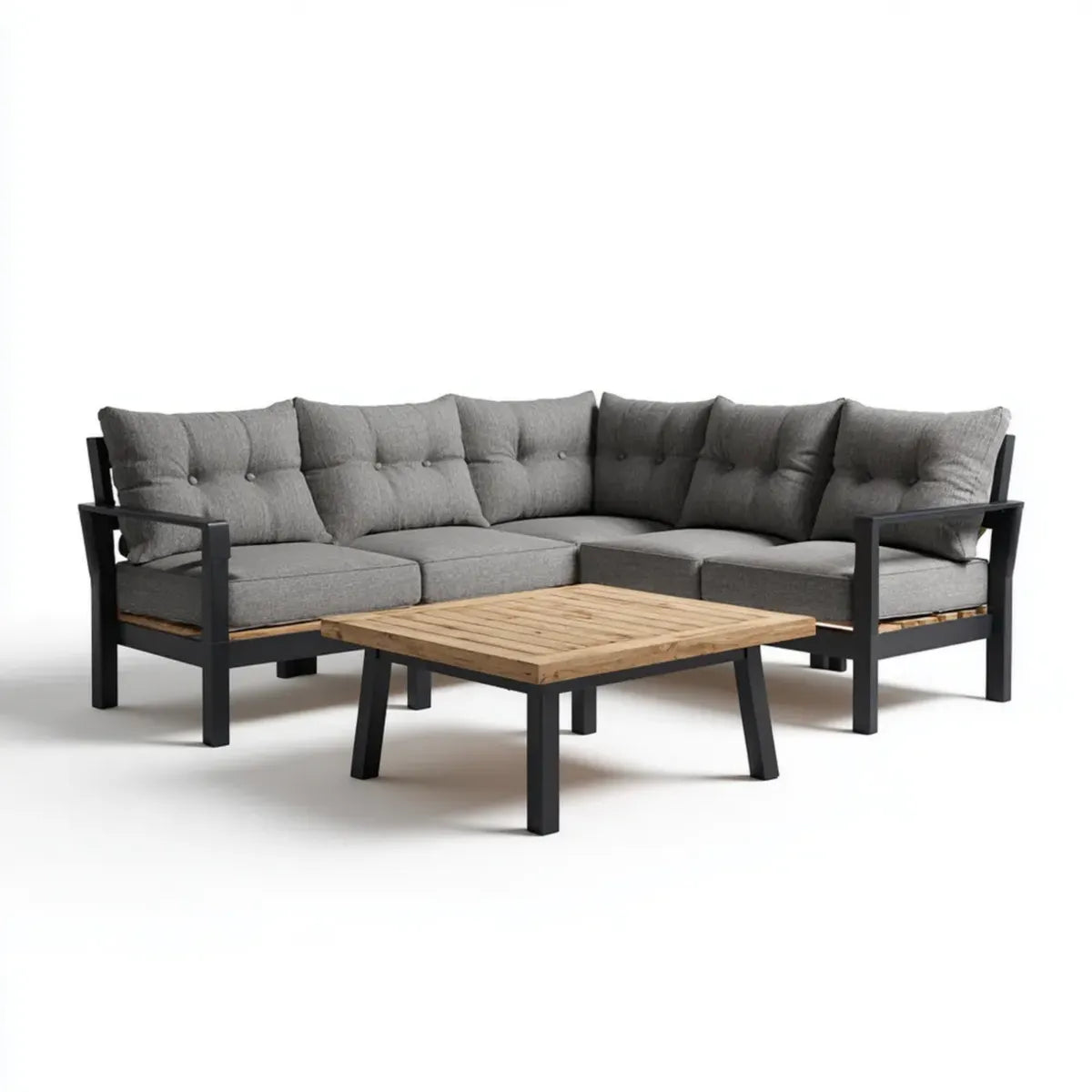 Salon de jardin d’angle 5 places gris anthracite en aluminium et acacia avec table basse 245 x 245 x 70 cm et 100 x 60 x 45 cm