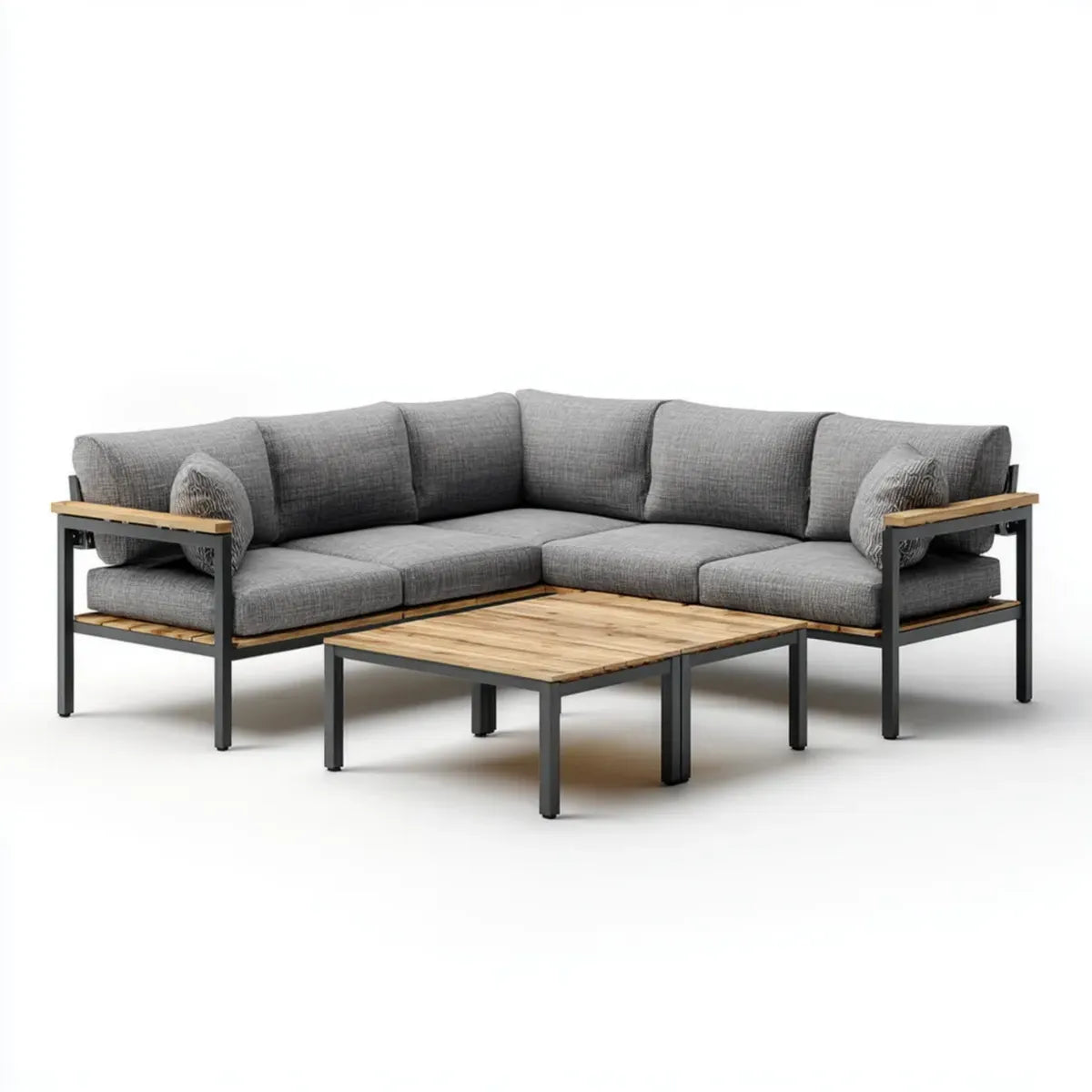 Salon de jardin d'angle 4 places gris avec table basse 220 x 220 cm en acier et acacia