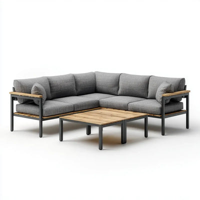 Salon de jardin d'angle 4 places gris avec table basse 220 x 220 cm en acier et acacia